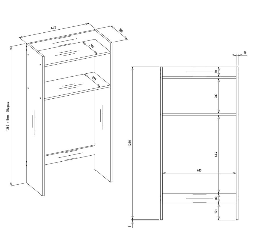 BDW NINA NP - Szafka do zabudowy pod pralkę, 64 x 124 x 30 cm, kolor biały matowy, 2 półki, mebel łazienkowy, suszarka