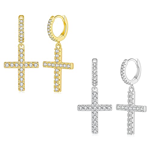 2 Pairs Cross Hoop Earrings Dangle 14K Gold Silver Plated Small 5A+ Cubic Zirconia Pave Post Earring for Men Boy Jewelry Gift