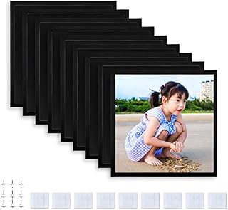 8x8 Picture Frame Set of 9, Display Pictures 5x5 with Mat or 8x8 Without Mat, Photo Tiles Wall Gallery Photo Frames with Restickable Tapes (Black - 9 Pcs)