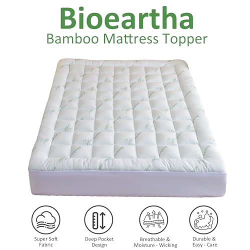 Bioeartha Cooling Mattress Topper Queen – Extra Soft Pillow Top Mattress Pad, Breathable Viscose Made from Bamboo Mattress Protector for Back Pain Relief, Deep Pocket Cover Fits 8–21 Inch