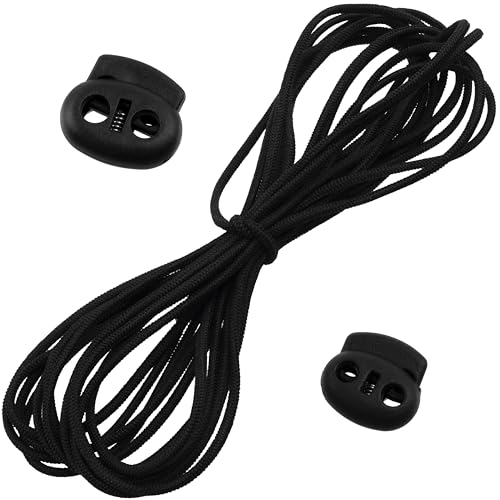 AERZETIX | Ensemble de 5 m d'élastique rond Ø3 mm de couleur noir + 8 bloque-cordons ovales en plastique à 2 passages Ø4 mm + 8 serre-cordons/stoppeurs à 2 ouvertures Ø5 mm