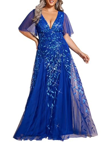 Image of Ever-Pretty Women's Sequin V Neck Plus Size Formal Dresses Evening Gown | Short Sleeve, A-Line, Empire Waist, Plus Size Mother of the Bride Dresses, Plus Size Gala Dress