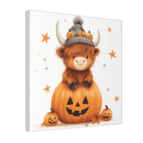 Lienzo de vaca de las Tierras Altas Woshuwo con calabaza naranja para salón, 30x30 cm