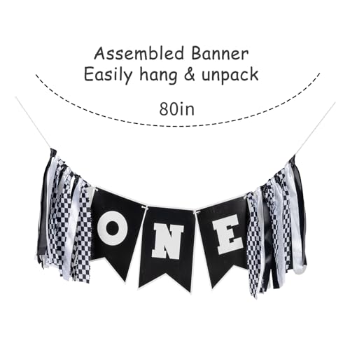 Image of Race Car First Birthday Highchair Banner, Pre - strung Black & White Checkered inchONE inch Garland for Boys' Fast One Party, Cake Smash Photos & Racing Theme Decor