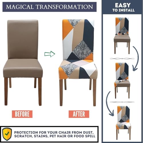 Image of Stretchable Dining Chair Cover - Washable, Removable, Anti-Slip, Protector, Universal Fit (Set of 6, Orange Prism)