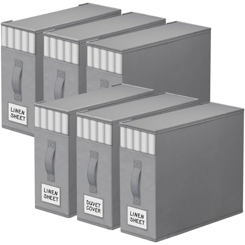 Image of StorageTastic 6 Pack Bed Sheet Closet Organizers and Storage,Sturdy Foldable Storage Containers with Window and Label,Storage and Organization for Bedding Sheets,Duvet Covers,Blankets (Grey)