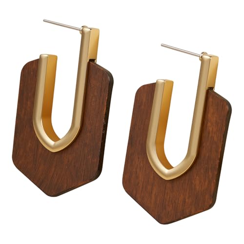 Geometric Gold and Wood Earrings for Women,Boho Retro Natural Wooden Round Disc African Dangle Drop Earring