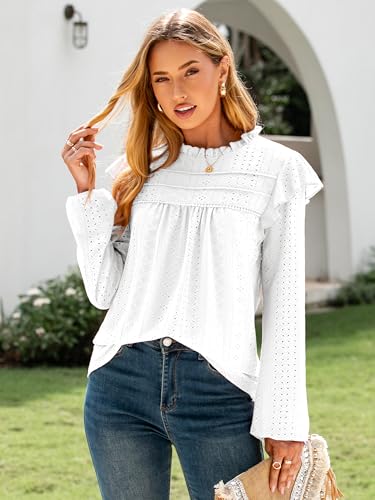 Glamaker Women's Long Sleeve Blouses Ruffle Eyelet Crochet Tops Dressy Casual Western Shirts 2025 Spring Fall Outfits2