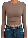 Trendy Queen Womens Long Sleeve Crop Tops Basic Slim Fitted Shirts Casual Fashion 2025 Going Out Y2k Tops Teen Girl Clothes Coffee Grey M