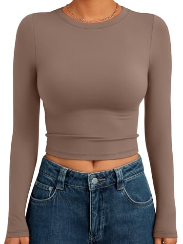 Trendy Queen Womens Long Sleeve Crop Tops Basic Slim Fitted Shirts Casual Fashion 2025 Going Out Y2k Tops Teen Girl Clothes Coffee Grey M