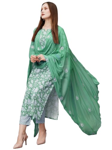GoSriKi Women's Cotton Blend Printed Straight Kurta with Pant & D...