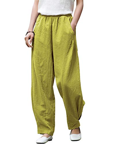Aeneontrue Women's Linen Lantern Pants Casual Loose Wide Leg Trousers Yellow Medium