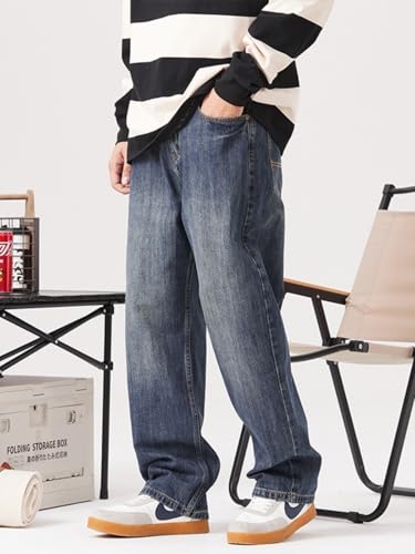 Jeans Pants Trousers Denim Loose and Comfortable Wide Leg Men's Washed Blue Hanging Casual Long Versatile Style3