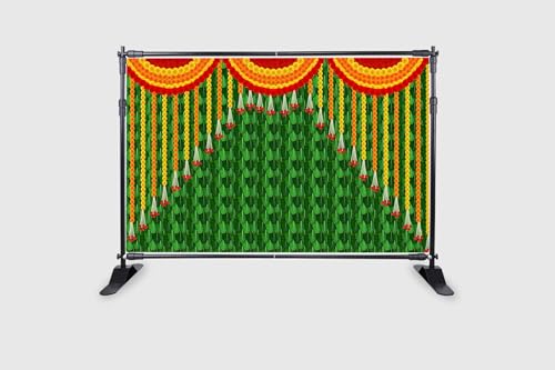 Image of Backdropon Hanging Marigold Flower and Banana Leaf Design Backdrop for Pooja Decoration Traditional Background Curtain Cloth for Festival Size 5Feet Height and 8Feet Width(5 * 8)