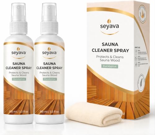 Seyava - Sauna Cleaner Kit 2-Pack (2 3.3 fl oz) Ready-to-Use Eucalyptus Spray + Microfiber Cloth Natural Sauna Wood Cleaner & Deodorizer for Maintenance Traditional & Infrared Saunas