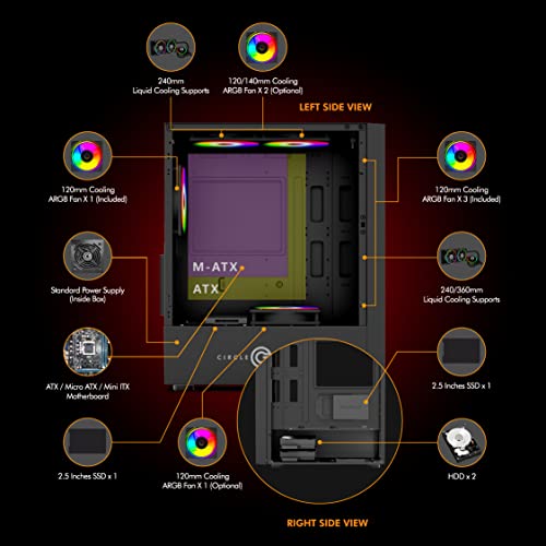 Image of Circle Elegantor X5 ARGB with 120 mm 4 RGB Fans, Front /Right - Tempered Glass, Water Cooling Support 120 /240 /360 mm, 325 mm Graphics Card, 160 mm CPU Cooler Height, 2 HDD /SSD