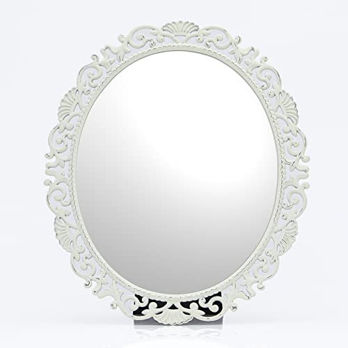 Mimosa Moments Pierced Scroll Oval Metal White Frame Mirror,Freestanding Desk Vanity Makeup Mirror,Living Room, Bedroom, Bathroom Countertop Home Décor Simple Shaving Makeup Mirror On Tabletop Or Wall #TOP14