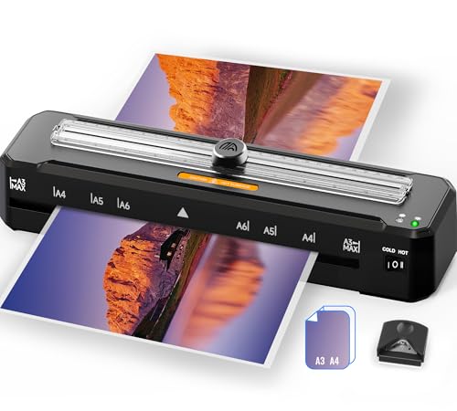 MAXDONE Plastificadora, Plastificadora A3 Cortador Integrado, Máquina de Laminadora en Modo Frío y Caliente, con Bolsas y Redondeador de Esquina