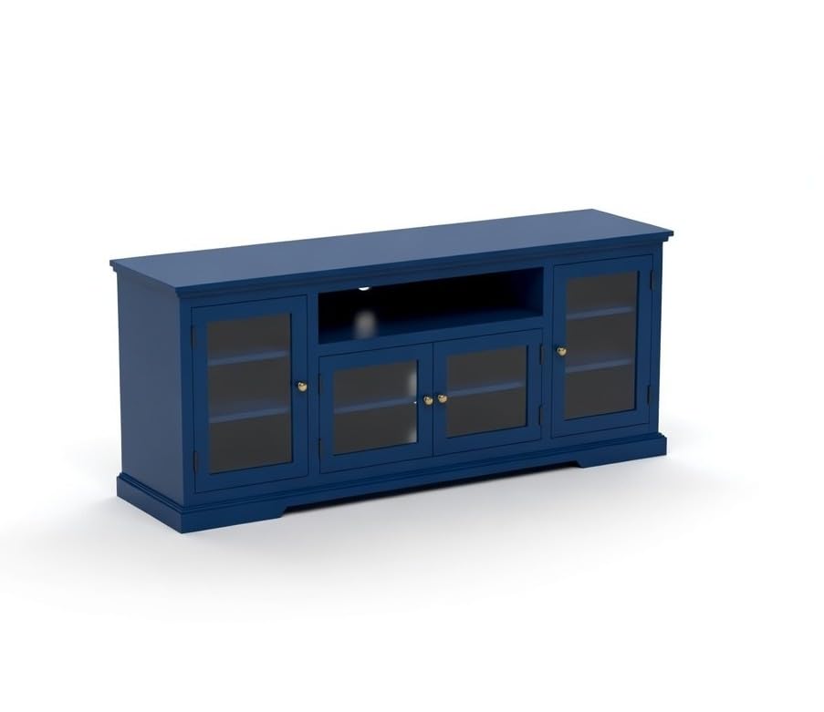 Image of Sheesham Solid Wood TV Cabinet for Living Room | Handcrafted Wooden TV Unit with Storage | Elegant Entertainment Stand for Modern Homes (Glass Tv Cabinet, Blue)