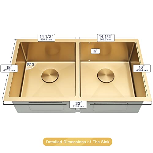 Lqs Kitchen Sink, Undermount Kitchen Sink, 32” X 18” Kitchen Sinks, Stainless Steel Sink, 50/50 Double Bowl Kitchen Sinks With Sink Drain Cover And Sink Grid, Gold Kitchen Sink #TOP2