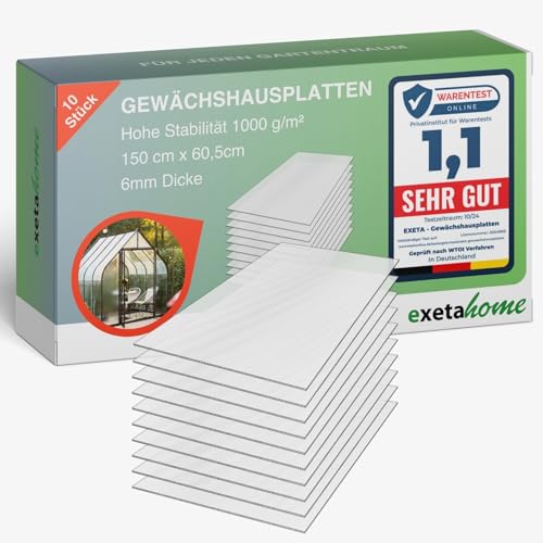 Exeta 10x Gewächshausplatten 6mm I Polycarbonat Hohlkammerplatten für Gewächshäuser I PC Doppelstegplatten UV-beständig & bruchsicher I für Garten, Frühbeet uvm I 60,5cm x 150cm I Transparent