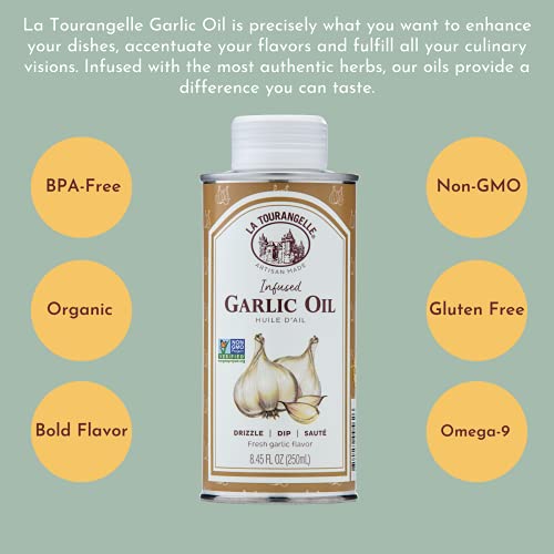 La Tourangelle Garlic Infused Sunflower Oil 8.45 Fl. Oz, Sunflower Oil Infused with Fresh Garlic for Cooking, Seasoning, and Dressing