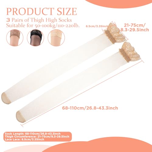3 Pairs Women Thigh High Stockings, Anti-Slip Silicone Sheer Tights Lace Stocking Tights Silky Pantyhose for Women and Girls3