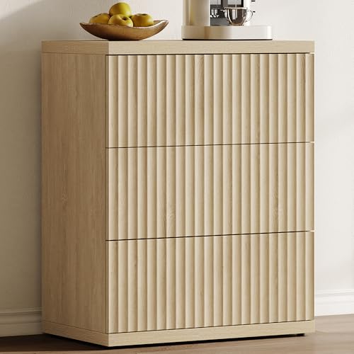 Image of SICOTAS Modern Sideboard Buffet Cabinet, Fluted Credenza Storage Cabinet with 3 Larger Drawers, Mid Century Media Console Coffee Bar Table for Dining Room Hallway Kitchen, Coastal Oak