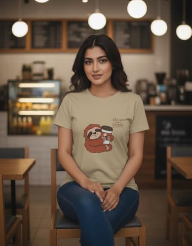 Image of Cute Coffee Sloth Unisex T-Shirt | Regular Fit Round Neck Casual Cotton Tee for Men & Women Sand Beige