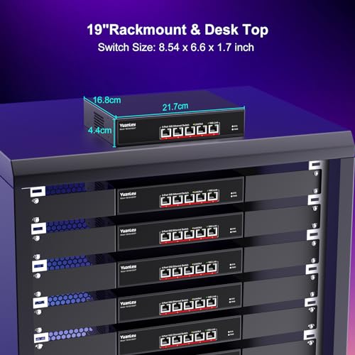 Image of YuanLey 5 Port 10G Ethernet Switch, 5 x 10Gbps RJ45 Ports, Support 10G /5G /2.5G /1G /100Mbps Speed Auto-Negotiation, 100Gbps Switching Capacity, Unmanaged Switch Rackmountable, Plug and Play