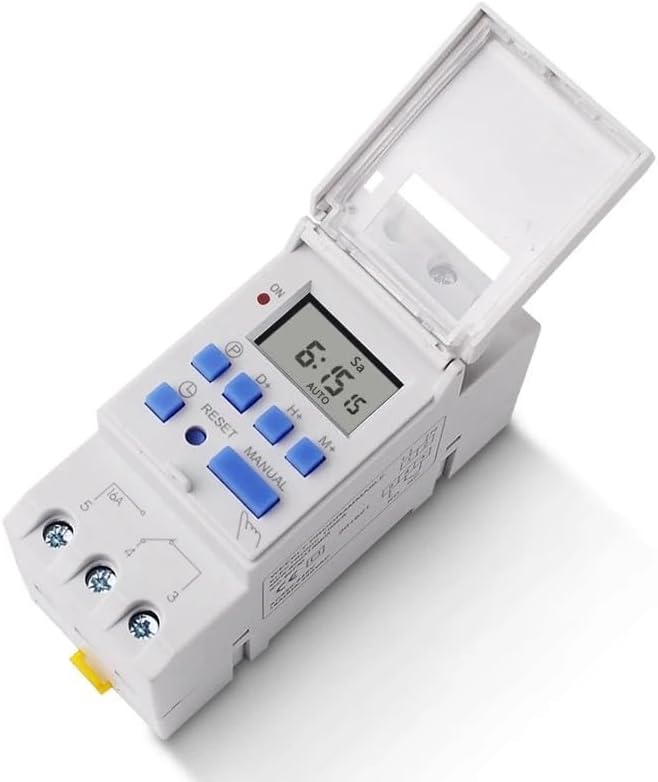 SINOTIMER TM-615 Digital Programmable Timer with cover open showing buttons
