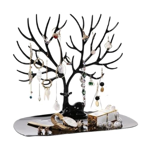 VODAFQS Porte-Bijoux 2 en 1 en Métal Noir, Arbre à Bijoux avec Plateau, Support pour Bagues, Boucles d'Oreilles, Colliers, Bracelets, Organisateur de Bijoux pour Femme(Noir)