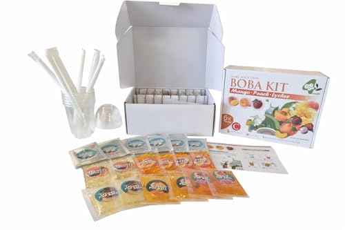 Bobo4T Bubble Tea SET C – Pfirsich-, Mango- & Lychee Bobas, Jasmin Grüner Tee Pulver mit Fruchtsirup | Komplett Set für 6 Drinks | Einzeln verpackt für maximale Frische |