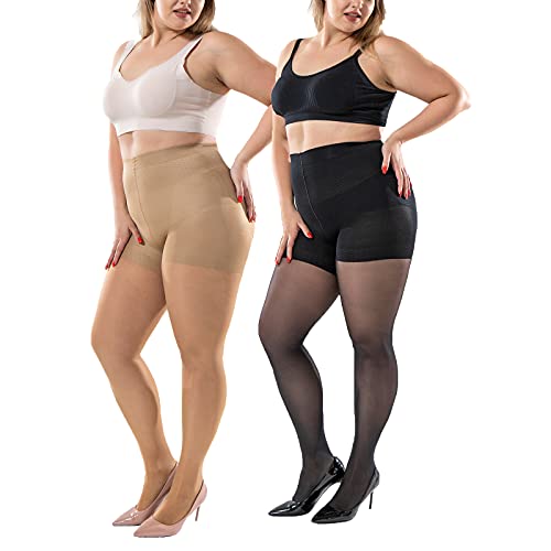 Image of Plus Size Control Top Tights, 2 Pack 40D Queen Size Support Nylon Hosiery Pantyhose, for Women