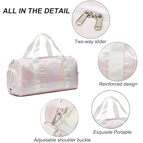 ZHIERNA Sports Gym Dance Bag for Women Girls, Shimmery Waterproof Duffle Travel Bag With Shoes Compartment and Wet Dry Pocket (Pink)3
