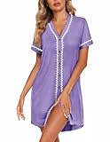 Ekouaer Women's Nightshirt Short Sleeve Nighties Ladies Button Down Nightgown V-Neck Sleepwear Pajama Dress Violet S