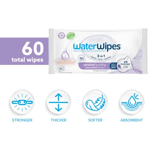 Image of WaterWipes Sensitive+ Soothing Wipes, 3-In-1 Cleans, Cares, Soothes, 99% Water with Botanical Extract, Unscented & Hypoallergenic Baby Wipes, 60 Count (1 Pack)