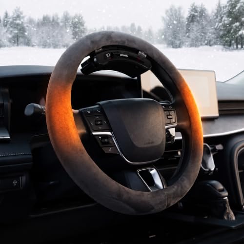 AUTOWOEL Wireless Heated Steering Wheel Cover, Premium Cordless Rechargeable Steering Wheel Warmer for Car, 14.5-15 Inch Round & D-Shaped, Fast Heating, Faux Suede Grey, Essential for Winter Driving