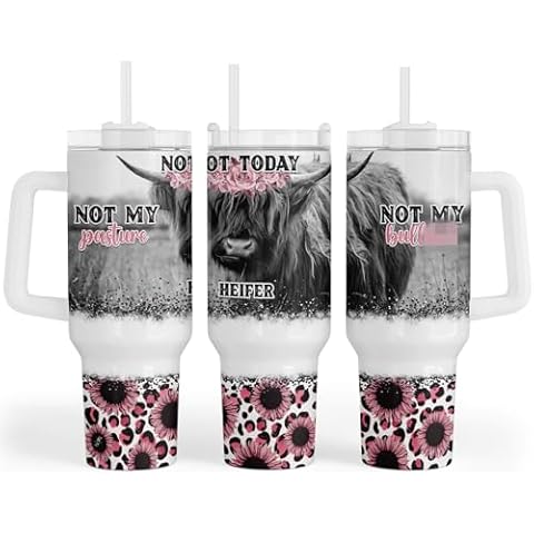 Fancyfams Highland Cow tumbler, 40 oz Stainless Steel Tumbler with Handle Lid and Straw, Cow Gifts for Women Print Mug Cups Lovers Themed Gifts Cute Stuff (Not Today - 40oz) Cover