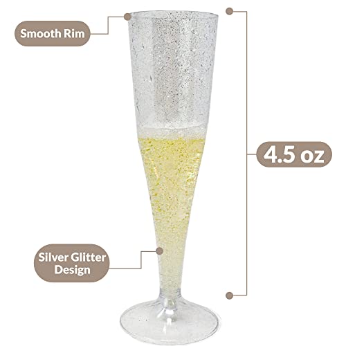 image for Reli. Champagne Flutes Plastic | 100 Pack | 4.5 oz - Silver Glitter | 