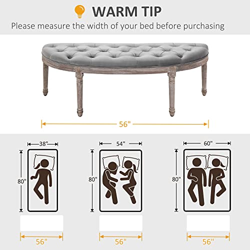 Homcom Vintage Semi-Circle End Of Bed Bench, Upholstered Bedroom Entryway Bench With Tufted Velvet-Touch Fabric With Rubberwood Legs, Gray #TOP6