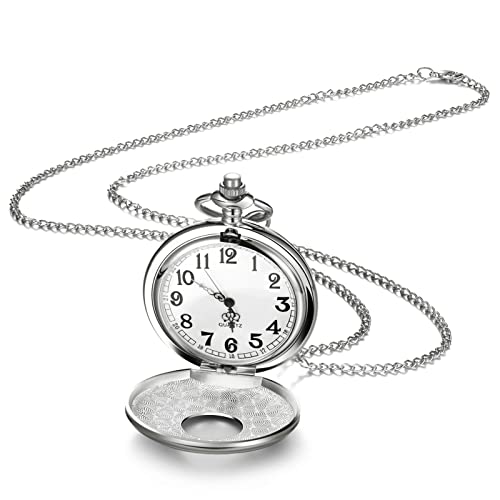 Yaomiao - Reloj de Bolsillo Vintage de Cuarzo Liso con Cadena de Reloj de Bolsillo de dígitos para Hombre, diseño Antiguo, para cumpleaños, Plata, números, Vintage y clásico, Plata, Chiffres, Vintage