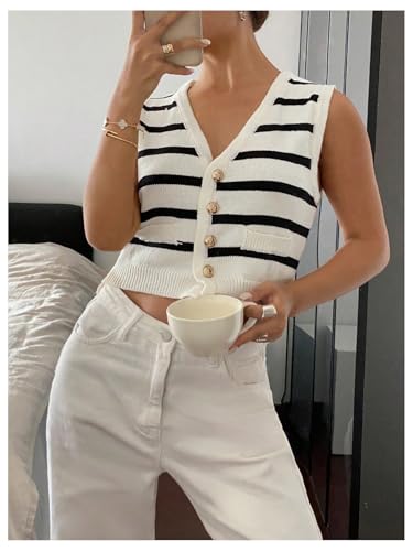 GORGLITTER Women's Striped Button Up Cropped Sweater Vest Sleeveless V Neck Boho Knitted Tank Tops3