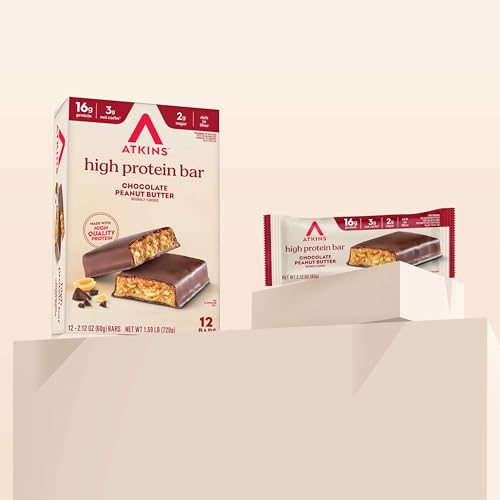 Image of Atkins Chocolate Peanut Butter Protein Meal Bar, High Fiber, 16g Protein, Low Sugar, 3g Net Carb, Low Carb, Keto Friendly, 12 Count