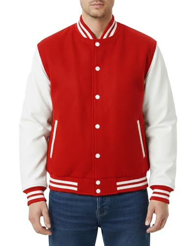 EASTIFIED Mens Varsity Letterman Baseball Slim Fit Wool Leather Bomber Lightweight Jacket (Medium, Red White)