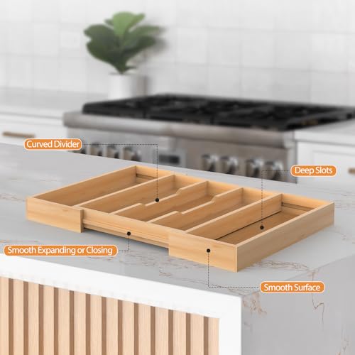 FoverOne Bamboo Expandable Kitchen Drawer Organizer, 13" to 23" Adjustable Utensils and Cutlery Tray, Wood Drawer Organizer for Silverware Flatware by FoverOne - Image 6