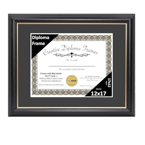 Creative Picture Frames 12" x 17" Rockefeller Black with Gold Rim Diploma Frame, Displays 12" x 17" Certificate or 16" x 20" Document without Mat, College Degree Frame, Full-Strength Glass, Black Mat