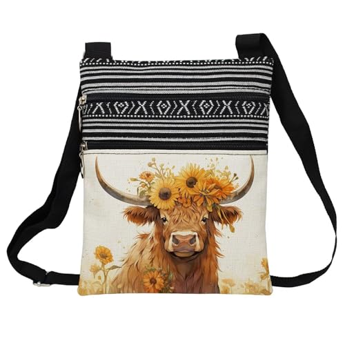 Floral Highland Cattle Messenger Bag Small Ethnic Pattern Printed Adjustable Strap Crossbody Zipper Bag Floral Highland Cattle Phone Bag Wallet Cute Shoulder Handbag for Women