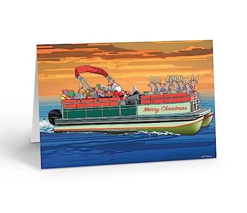 Tarjetas de Navidad de barco pontón de Papá Noel: diversión náutica festiva en el lago