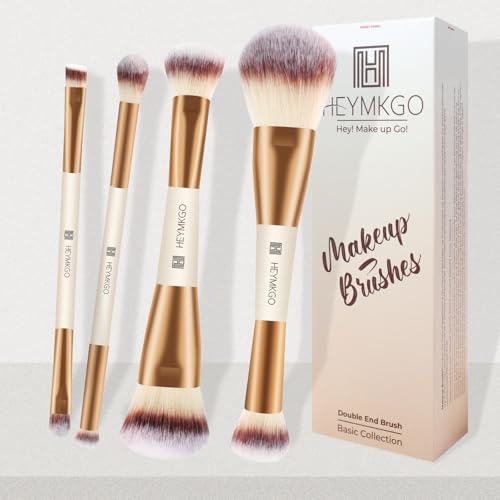 HEYMKGO Makeup Brushes Set, 4Pcs Double-ended Foundation Contour Powder Blush Concealer Eyeshadow Brush Set for Liquid, Cream, Powder for Blending Buffing Professional Face Brush Set Tools(Apricot) - Thumbnail 7